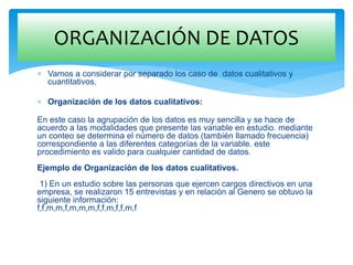  Vamos a considerar por separado los caso de datos cualitativos y
cuantitativos.
 Organización de los datos cualitativos:
En este caso la agrupación de los datos es muy sencilla y se hace de
acuerdo a las modalidades que presente las variable en estudio. mediante
un conteo se determina el número de datos (también llamado frecuencia)
correspondiente a las diferentes categorías de la variable. este
procedimiento es valido para cualquier cantidad de datos.
Ejemplo de Organización de los datos cualitativos.
1) En un estudio sobre las personas que ejercen cargos directivos en una
empresa, se realizaron 15 entrevistas y en relación al Genero se obtuvo la
siguiente información:
f,f,m,m,f,m,m,m,f,f,m,f,f,m,f
ORGANIZACIÓN DE DATOS
 