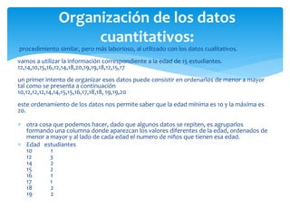 procedimiento similar, pero más laborioso, al utilizado con los datos cualitativos.
vamos a utilizar la información correspondiente a la edad de 15 estudiantes.
12,14,10,15,16,12,14,18,20,19,19,18,12,15,17
un primer intento de organizar esos datos puede consistir en ordenarlos de menor a mayor
tal como se presenta a continuación
10,12,12,12,14,14,15,15,16,17,18,18, 19,19,20
este ordenamiento de los datos nos permite saber que la edad mínima es 10 y la máxima es
20.
 otra cosa que podemos hacer, dado que algunos datos se repiten, es agruparlos
formando una columna donde aparezcan los valores diferentes de la edad, ordenados de
menor a mayor y al lado de cada edad el numero de niños que tienen esa edad.
 Edad estudiantes
10 1
12 3
14 2
15 2
16 1
17 1
18 2
19 2
Organización de los datos
cuantitativos:
 