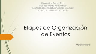 Etapas de Organización
de Eventos
Mariana Valera
Universidad Fermín Toro
Vice Rectorado Académico
Facultad de Ciencias Económicas y Sociales
Escuela de comunicación Social
 