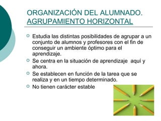 ORGANIZACIÓN DEL ALUMNADO. 
AGRUPAMIENTO HORIZONTAL 
 Estudia las distintas posibilidades de agrupar a un 
conjunto de alumnos y profesores con el fin de 
conseguir un ambiente óptimo para el 
aprendizaje. 
 Se centra en la situación de aprendizaje aquí y 
ahora. 
 Se establecen en función de la tarea que se 
realiza y en un tiempo determinado. 
 No tienen carácter estable 
 