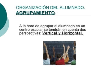 ORGANIZACIÓN DEL ALUMNADO. 
AAGGRRUUPPAAMMIIEENNTTOO. 
A la hora de agrupar al alumnado en un 
centro escolar se tendrán en cuenta dos 
perspectivas: Vertical y Horizontal. 
 