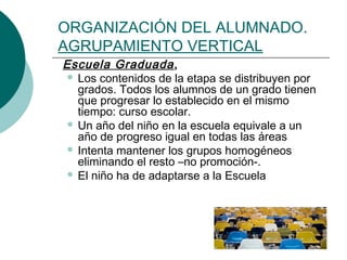 ORGANIZACIÓN DEL ALUMNADO. 
AGRUPAMIENTO VERTICAL 
Escuela Graduada , 
 Los contenidos de la etapa se distribuyen por 
grados. Todos los alumnos de un grado tienen 
que progresar lo establecido en el mismo 
tiempo: curso escolar. 
 Un año del niño en la escuela equivale a un 
año de progreso igual en todas las áreas 
 Intenta mantener los grupos homogéneos 
eliminando el resto –no promoción-. 
 El niño ha de adaptarse a la Escuela 
 