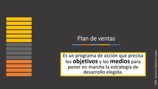 Plan de ventas
Es un programa de acción que precisa
los objetivos y los medios para
poner en marcha la estrategia de
desarrollo elegida.
MM.VerónicaBolañosLópez
 