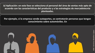 b) Aplicación: en esta fase se selecciona al personal del área de ventas más apto de
acuerdo con las características del producto y a las estrategias de mercadotecnia
planteadas.
Por ejemplo, si la empresa vende autopartes, se contratarán personas que tengan
conocimiento sobre automóviles. En
MM.VerónicaBolañosLópez
 