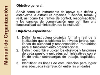 Manual de Organización   Objetivo general:
                         Servir como un instrumento de apoyo que defina y
                         establezca la estructura orgánica, funcional, formal y
                         real, así como los tramos de control, responsabilidad
                         y los canales de comunicación que permitan una
                         funcionalidad administrativa de la institución.
                         Objetivos específicos:
                         1. Definir la estructura orgánica formal y real de la
                            institución que establezca los niveles jerárquicos,
                            líneas de autoridad y responsabilidad, requeridos
                            para el funcionamiento organizacional.
                         2. Definir, describir y ubicar los objetivos y funciones
                            de cada puesto y unidades administrativas con el
                            fin de evitar sobrecargas de trabajo, duplicidad,
                            etc.
                         3. Identificar las líneas de comunicación para lograr
                            una adecuada interrelación entre las unidades.
 