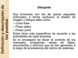 Definición y descripción de
                                                 Dibujante

                              Sus funciones son las de operar paquetes
                              enfocados d forma exclusiva al diseño de
                              imagen y dibujos tales como:
        los puestos



                               Corel draw
                               Photo editor
                               Power point
                              Entre otros más específicos de acuerdo a las
                              actividades de cada empresa
                              Es el encargado de llevar él controlo de los
                              manuales, programas, bases de datos,
                              documentos y archivos que se han generado a
                              lo largo de la existencia del centro de sistemas.
 