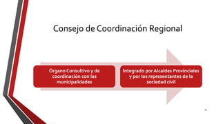 Consejo de Coordinación Regional
Órgano Consultivo y de
coordinación con las
municipalidades
Integrado por Alcaldes Provinciales
y por los representantes de la
sociedad civil
34
 