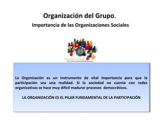 Organización del Grupo.
        Importancia de las Organizaciones Sociales




                         http://canasto.es/assets/2009/05/grupo.jpg




La Organización es un instrumento de vital importancia para que la
 La Organización es un instrumento de vital importancia para que la
participación sea una realidad. Si la sociedad no cuenta con redes
 participación sea una realidad. Si la sociedad no cuenta con redes
organizativas se hace muy difícil madurar procesos democráticos.
 organizativas se hace muy difícil madurar procesos democráticos.

   LA ORGANIZACIÓN ES EL PILAR FUNDAMENTAL DE LA PARTICIPACIÓN
    LA ORGANIZACIÓN ES EL PILAR FUNDAMENTAL DE LA PARTICIPACIÓN
 