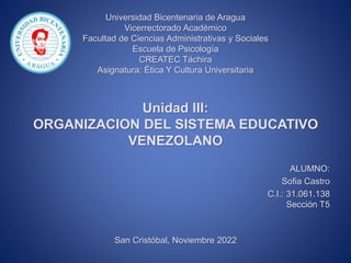 Universidad Bicentenaria de Aragua
Vicerrectorado Académico
Facultad de Ciencias Administrativas y Sociales
Escuela de Psicología
CREATEC Táchira
Asignatura: Ética Y Cultura Universitaria
Unidad III:
ORGANIZACION DEL SISTEMA EDUCATIVO
VENEZOLANO
ALUMNO:
Sofia Castro
C.I.: 31.061.138
Sección T5
San Cristóbal, Noviembre 2022
 