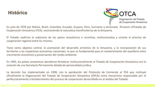 2
Histórico
En julio de 1978 por Bolivia, Brasil, Colombia, Ecuador, Guyana, Perú, Suriname y Venezuela firmaron elTratado...