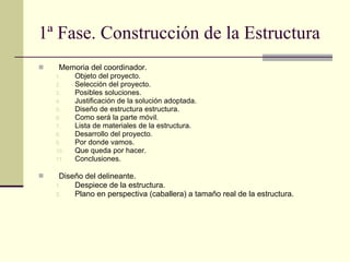 1ª Fase. Construcción de la Estructura Memoria del coordinador.  Objeto del proyecto. Selección del proyecto. Posibles soluciones. Justificación de la solución adoptada. Diseño de estructura estructura. Como será la parte móvil. Lista de materiales de la estructura. Desarrollo del proyecto. Por donde vamos. Que queda por hacer.  Conclusiones. Diseño del delineante . Despiece de la estructura. Plano en perspectiva (caballera) a tamaño real de la estructura. 
