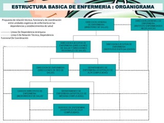ESTRUCTURA BASICA DE ENFERMERIA : ORGANIGRAMA

 Propuesta de relación técnica, funcional y de coordinación
      entre unidades orgánicas de enfermería en las
        dependencias y establecimientos de salud

------------ Líneas De Dependencia Jerárquica
- - - - - - - -Línea S De Relación Técnica, Dependencia
Funcional De Coordinación
 