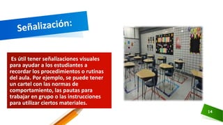 Es útil tener señalizaciones visuales
para ayudar a los estudiantes a
recordar los procedimientos o rutinas
del aula. Por ejemplo, se puede tener
un cartel con las normas de
comportamiento, las pautas para
trabajar en grupo o las instrucciones
para utilizar ciertos materiales.
14
 