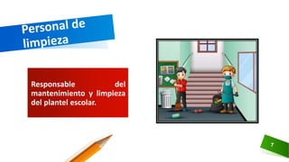 Responsable del
mantenimiento y limpieza
del plantel escolar.
7
 