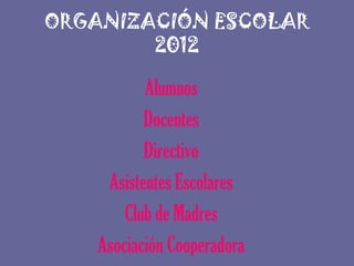 ORGANIZACIÓN ESCOLAR
        2012

           Alumnos
           Docentes
           Directivo
     Asistentes Escolares
        Club de Madres
    Asociación Cooperadora
 