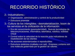 RECORRIDO HISTÓRICO 2.- Industrialismo.- Organización, administración y control de la productividad Estructura piramidal 3.- Cultura de los intangibles.- desmaterialización, boom de los servicios en la civilización de la información Era del conocimiento (posmodernidad).  Nuevas tecnologías de telecomunicaciones, informática, telemática, robótica, realidad virtual Control sobre la velocidad de la reacción ante indicadores de insatisfacción de los clientes No acciones estandarizadas ni reproducibles Estructura sistémica (mallada o en red).  Empresa y entorno son una molécula gobernada por la gestión de valores. 