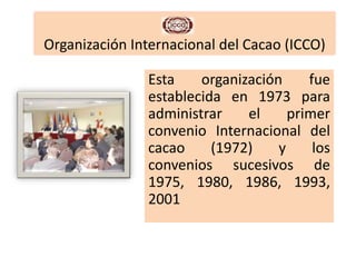 Organización Internacional del Cacao (ICCO) Esta organización fue establecida en 1973 para administrar el primer convenio Internacional del cacao (1972) y los convenios sucesivos de 1975, 1980, 1986, 1993, 2001 