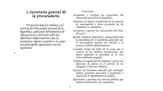 1.Secretaria general de
la procuraduría
•Funciona bajo las órdenes y al
servicio del Procurador General de la
República, aplicando herramientas de
alta gerencia y dirección sobre los
diferentes Departamentos que la
normativa vigente a puesto a su cargo.
Sus principales operaciones son las
siguientes:
•
•Funciones:

Acompañar y certificar las actuaciones del
Procurador General de la República;

Mantener un registro actualizado de los procesos
de investigación y datos personales de los
ciudadanos y ciudadanas;

Incorporar y registrar las Asociaciones Sin Fines
de Lucro;

Recibir, clasificar, despachar y salvaguardar toda
la documentación y expedientes generados por
la Procuraduría General con relación a la
justicia y labores administrativas;

Custodiar cuerpo del delito de los casos que se
conocen en las distintas jurisdicciones, que
hayan adquirido la autoridad de la cosa
irrevocablemente juzgada;

Tramitar los expedientes de exequátur y ejercer las
funciones de policía en el ejercicio de los
Abogados y Notarios Públicos;

Ejecutar las decisiones judiciales que contengan
multas, garantías procesales y suspensión o
imposición de impedimentos de salidas;

Representar y gestionar los servicios públicos que
brinda la institución a los ciudadanos.
•
 