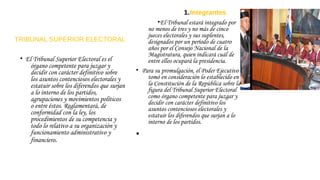 TRIBUNAL SUPERIOR ELECTORAL
• El Tribunal Superior Electoral es el
órgano competente para juzgar y
decidir con carácter definitivo sobre
los asuntos contenciosos electorales y
estatuir sobre los diferendos que surjan
a lo interno de los partidos,
agrupaciones y movimientos políticos
o entre éstos. Reglamentará, de
conformidad con la ley, los
procedimientos de su competencia y
todo lo relativo a su organización y
funcionamiento administrativo y
financiero.
1.Integrantes
•El Tribunal estará integrado por
no menos de tres y no más de cinco
jueces electorales y sus suplentes,
designados por un período de cuatro
años por el Consejo Nacional de la
Magistratura, quien indicará cuál de
entre ellos ocupará la presidencia.
• Para su promulgación, el Poder Ejecutivo
tomó en consideración lo establecido en
la Constitución de la República sobre la
figura del Tribunal Superior Electoral
como órgano competente para juzgar y
decidir con carácter definitivo los
asuntos contenciosos electorales y
estatuir los diferendos que surjan a lo
interno de los partidos.
•
 