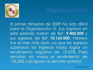 El primer trimestre de 2009 ha sido difícil para la Organización O. Sus ingresos en este período fueron de BsF.  9.400.000  y sus egresos de BsF  10.165.000 . Febrero fue el mes más duro, ya que los egresos superaron los ingresos hasta lograr un rendimiento negativo de -19.57%. Para rematar, en marzo el rendimiento de -18.24% casi iguala al del mes anterior.  © Jesús Ribera 2009 