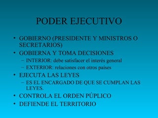 PODER EJECUTIVO
• GOBIERNO (PRESIDENTE Y MINISTROS O
SECRETARIOS)
• GOBIERNA Y TOMA DECISIONES
– INTERIOR: debe satisfacer el interés general
– EXTERIOR: relaciones con otros países
• EJECUTA LAS LEYES
– ES EL ENCARGADO DE QUE SE CUMPLAN LAS
LEYES.
• CONTROLA EL ORDEN PÚPLICO
• DEFIENDE EL TERRITORIO
 