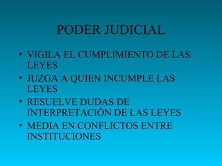 PODER JUDICIAL
• VIGILA EL CUMPLIMIENTO DE LAS
LEYES
• JUZGA A QUIEN INCUMPLE LAS
LEYES
• RESUELVE DUDAS DE
INTERPRETACIÓN DE LAS LEYES
• MEDIA EN CONFLICTOS ENTRE
INSTITUCIONES
 