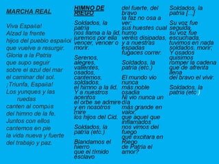MARCHA REAL
Viva España!
Alzad la frente
hijos del pueblo español
que vuelve a resurgir.
Gloria a la Patria
que supo seguir
sobre el azul del mar
el caminar del sol.
¡Triunfa, España!
Los yunques y las
ruedas
canten al compás
del himno de la fe.
Juntos con ellos
cantemos en pie
la vida nueva y fuerte
del trabajo y paz.
 