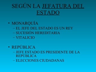 SEGÚN LA JEFATURA DEL
ESTADO
• MONARQUÍA
– EL JEFE DEL ESTADO ES UN REY
– SUCESIÓN HEREDITARIA
– VITALICIO
• REPÚBLICA
– JEFE ESTADO ES PRESIDENTE DE LA
REPÚBLICA
– ELECCIONES CIUDADANAS
 