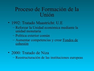 Proceso de Formación de la
Unión
• 1992: Tratado Maastricht: U.E
– Reforzar la Unidad económica mediante la
unidad monetaria
– Política exterior común
– Aumentar competencias y crear Fondos de
cohesión
• 2000: Tratado de Niza
– Reestructuración de las instituciones europeas
 