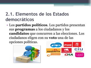 2.1. Elementos de los Estados
democráticos
• Los partidos políticos. Los partidos presentan
  sus programas a los ciudadanos y los
  candidatos que concurren a las elecciones. Los
  ciudadanos eligen con su voto una de las
  opciones políticas.
 