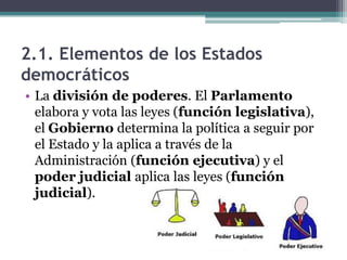2.1. Elementos de los Estados
democráticos
• La división de poderes. El Parlamento
  elabora y vota las leyes (función legislativa),
  el Gobierno determina la política a seguir por
  el Estado y la aplica a través de la
  Administración (función ejecutiva) y el
  poder judicial aplica las leyes (función
  judicial).
 