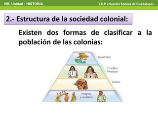 2.- Estructura de la sociedad colonial:
Existen dos formas de clasificar a la
población de las colonias:
VIII- Unidad : HISTORIA I.E.P «Nuestra Señora de Guadalupe»