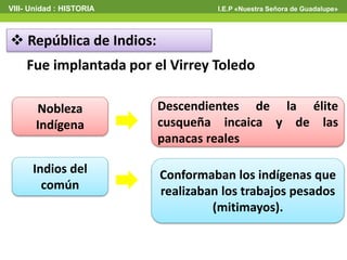  República de Indios:
Fue implantada por el Virrey Toledo
Nobleza
Indígena
Indios del
común
Descendientes de la élite
cusqueña incaica y de las
panacas reales
Conformaban los indígenas que
realizaban los trabajos pesados
(mitimayos).
VIII- Unidad : HISTORIA I.E.P «Nuestra Señora de Guadalupe»