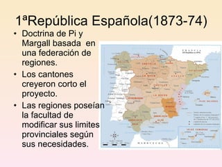 1ªRepública Española(1873-74) Doctrina de Pi y Margall basada  en una federación de regiones. Los cantones creyeron corto el proyecto. Las regiones poseían la facultad de modificar sus limites provinciales según sus necesidades. 
