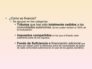 ¿Cómo se financia? Se agrupan en tres categorías: Tributos  que han sido  totalmente cedidos  a las comunidades   autónomas , de los cuales reciben el 100% de la recaudación. impuestos compartidos  en los que el Estado cede solamente parte de los ingresos.  Fondo de Suficiencia o  financiación adicional  que tiene por objeto cubrir la diferencia entre las necesidades de gasto de cada comunidad autónoma.Es el caso de los gastos sanitarios  