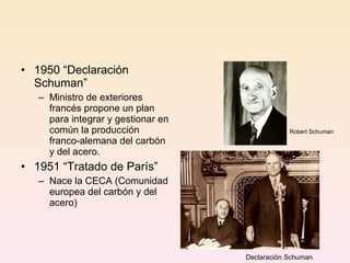 1950 “Declaración Schuman” Ministro de exteriores francés propone un plan para integrar y gestionar en común la producción franco-alemana del carbón y del acero. 1951 “Tratado de París” Nace la CECA (Comunidad europea del carbón y del acero) Declaración Schuman Robert Schuman 