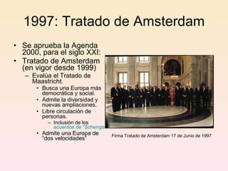 1997: Tratado de Amsterdam Se aprueba la Agenda 2000, para el siglo XXI: Tratado de Amsterdam (en vigor desde 1999) Evalúa el Tratado de Maastricht. Busca una Europa más democrática y social. Admite la diversidad y nuevas ampliaciones. Libre circulación de personas. Inclusión de los  acuerdos de “Schengen” Admite una Europa de “dos velocidades” Firma Tratado de Amsterdam 17 de Junio de 1997 