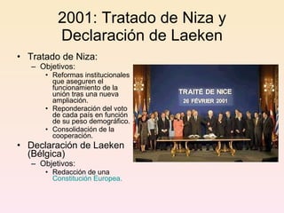 2001: Tratado de Niza y Declaración de Laeken Tratado de Niza: Objetivos: Reformas institucionales que aseguren el funcionamiento de la unión tras una nueva ampliación. Reponderación del voto de cada país en función de su peso demográfico. Consolidación de la cooperación. Declaración de Laeken (Bélgica) Objetivos: Redacción de una  Constitución Europea. 