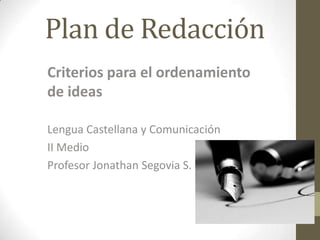 Plan de Redacción
Criterios para el ordenamiento
de ideas

Lengua Castellana y Comunicación
II Medio
Profesor Jonathan Segovia S.
 