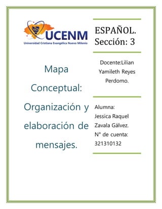 Mapa
Conceptual:
Organización y
elaboración de
mensajes.
ESPAÑOL.
Sección: 3
Docente:Lilian
Yamileth Reyes
Perdomo.
Alumna:
Jessica Raquel
Zavala Gálvez.
N° de cuenta:
321310132
 