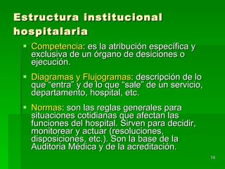 Estructura institucional hospitalaria Competencia : es la atribución específica y exclusiva de un órgano de desiciones o ejecución. Diagramas y Flujogramas : descripción de lo que “entra” y de lo que “sale” de un servicio, departamento, hospital, etc. Normas : son las reglas generales para situaciones cotidianas que afectan las funciones del hospital. Sirven para decidir, monitorear y actuar (resoluciones, disposiciones, etc.). Son la base de la Auditoria Médica y de la acreditación. 