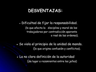 DESVENTAJAS:   ●  Dificultad de fijar la responsabilidad.   (lo que afecta la  disciplina y moral de los    trabajadores por contradicción aparente    o real de las ordenes).   ● Se viola el principio de la unidad de mando.    ( lo que origina confusión y conflictos). ● La no clara definición de la autoridad   ( da lugar a rozamientos entre los jefes) 