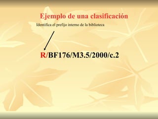 Ejemplo de una clasificación R/ BF176/M3.5/2000/c.2  Identifica el prefijo interno de la biblioteca 