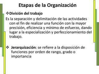 Etapas de la OrganizaciónDivisión del trabajoEs la separación y delimitación de las actividades con el fin de realizar una función con la mayor precisión, eficiencia y mínimo de esfuerzo, dando lugar a la especialización y perfeccionamiento del trabajo.Jerarquización: se refiere a la disposición de funciones por orden de rango, grado o importanciaDepartamentalización: es la división o agrupamiento de las funciones y actividades en unidades especificas con base en su similitud.