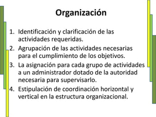 Organización Identificación y clarificación de las actividades requeridas.Agrupación de las actividades necesarias para el cumplimiento de los objetivos.La asignación para cada grupo de actividades a un administrador dotado de la autoridad necesaria para supervisarlo.Estipulación de coordinación horizontal y vertical en la estructura organizacional.