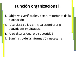 Función organizacional Objetivos verificables, parte importante de la planeación.Idea clara de los principales deberes o actividades implicados.Área discrecional o de autoridadSuministro de la información necesaria