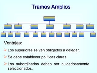 Tramos Amplios Ventajas: Los superiores se ven obligados a delegar. Se debe establecer políticas claras. Los subordinados deben ser cuidadosamente seleccionados. 