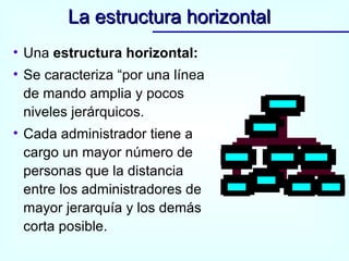 La estructura horizontal Una  estructura horizontal:  Se caracteriza “por una línea de mando amplia y pocos niveles jerárquicos. Cada administrador tiene a cargo un mayor número de personas que la distancia entre los administradores de mayor jerarquía y los demás corta posible. 