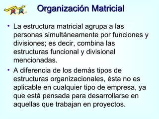 Organización Matricial La estructura matricial agrupa a las personas simultáneamente por funciones y divisiones; es decir, combina las estructuras funcional y divisional mencionadas. A diferencia de los demás tipos de estructuras organizacionales, ésta no es aplicable en cualquier tipo de empresa, ya que está pensada para desarrollarse en aquellas que trabajan en proyectos. 