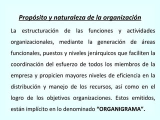 Propósito y naturaleza de la organización La estructuración de las funciones y actividades organizacionales, mediante la generación de áreas funcionales, puestos y niveles jerárquicos que faciliten la coordinación del esfuerzo de todos los miembros de la empresa y propicien mayores niveles de eficiencia en la distribución y manejo de los recursos, así como en el logro de los objetivos organizaciones. Estos emitidos, están implícito en lo denominado  “ORGANIGRAMA”. 